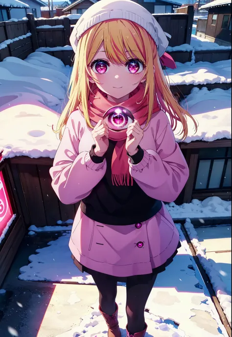 rubyhoshino, Ruby Hoshino, Long Hair, bangs, Blonde, (Pink Eyes:1.3), (Symbol-shaped pupil:1.5), Multicolored Hair, Two-tone hair, smile,White Breath,Knitted hat,Purple Scarf,Red long coat,V-neck sweater,Long skirt,Black pantyhose,short boots,snow,snow,sno...