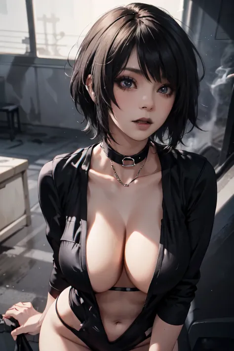 Girl, woman, emo_hairstyle, black lipstick, smocky eyes, dog collar, eyeliner, eye shadow, realistic lighting, short hair, seductive look, Big breast. Cleavage. Race queen. Standing up.