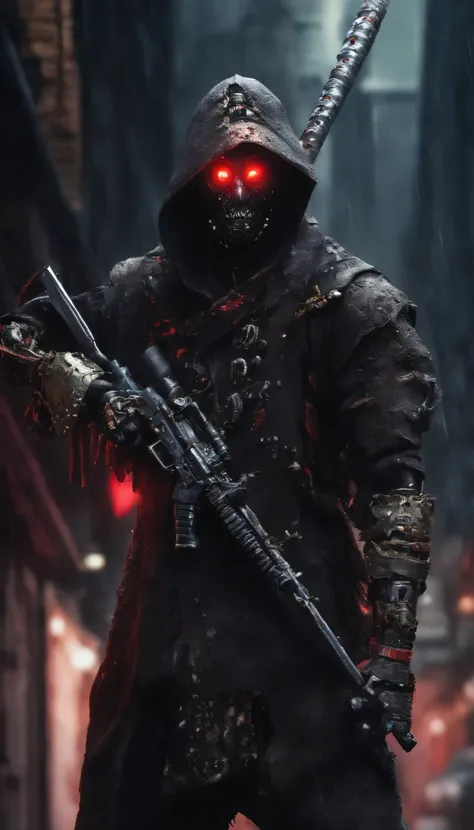 ninja shinobi cyberpunk cyborg robot .sitting on a tree branch.big thighs, at night, yasuke.Ninja wearing a hat. Cyborg shinobi. Red eyes, devil mask, rain. The dark night. Equipped with Sword at the back. Katana is in the back. Robots. Gear. screws. lamp....