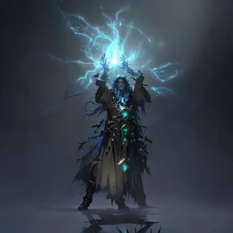 a man in a robe holding a glowing light up in the air, an arcane wizard casting a spell, arcane concept art, dark cloaked necromancer, an almighty warlock, undead mage, necromancer sorceress, steampunk arcane shaman, fantasy mage, mage, light sorcerer, lic...