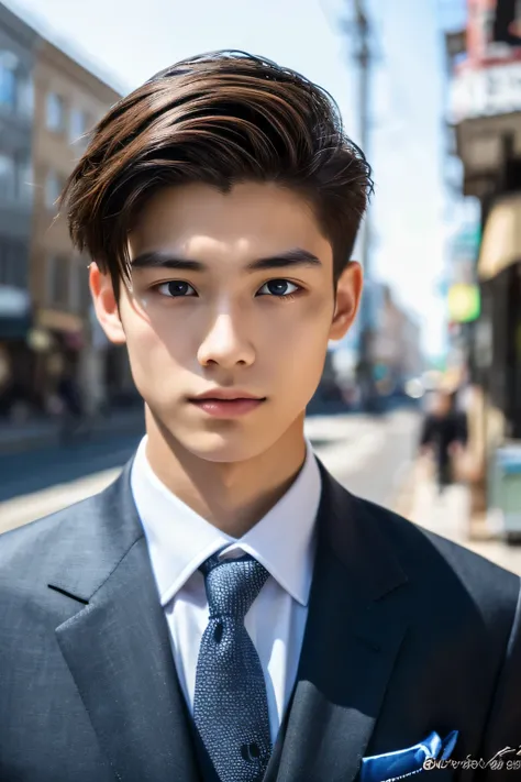 Highest quality, masterpiece, Ultra-high resolution, (Realistic: 1.4), Original photo, wallpaper, Head Photo, skin, Simple Background, Iris, detailed, Selfie, 1 boy, 18-year-old, good looking, Wind,suit、Street Corner