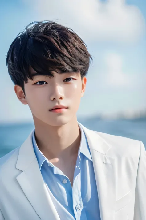 Highest quality, masterpiece, Ultra-high resolution, (Realistic: 1.4), Original photo, wallpaper, Head Photo, skin, Simple Background, Iris, detailed, Selfie, 1 boy, 18-year-old, good looking, Wind,Ocean、White suit