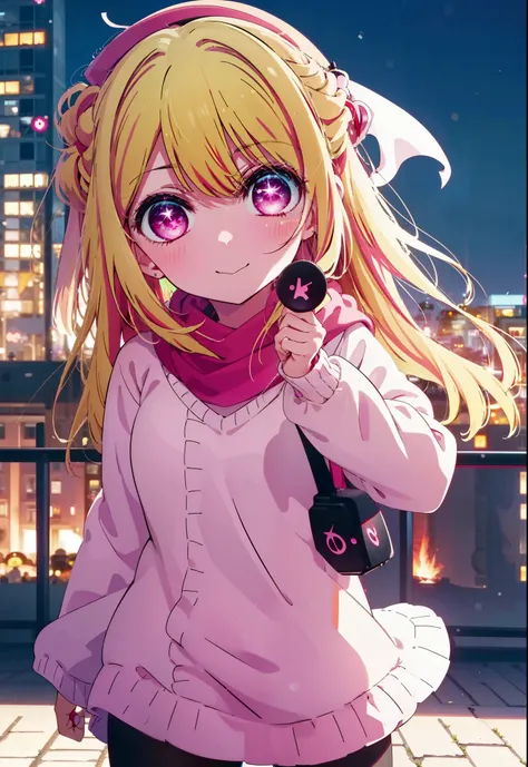 rubyhoshino, Ruby Hoshino, Long Hair, bangs, blonde, (Pink Eyes:1.3), (Symbol-shaped pupil:1.5), Multicolored Hair, Two-tone hair, smile,white breath,Knitted hat,Purple scarf,Red Sweater,Long skirt,Black Pantyhose,short boots,,Snow is piling up,it&#39;s sn...