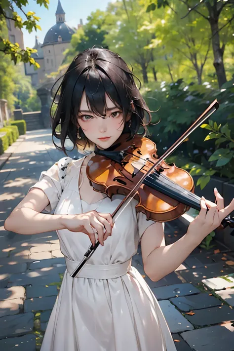 1 female、20-year-old woman、playing the violin、perfect anatomy,beautiful light and shadow, ,beautiful white skin, black hair,mid-...