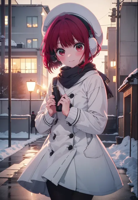 canary, Arima etc., short hair, bangs, (Red eyes:1.3), Redhead, Bobcut, smile,White Breath,blush,Earmuffs,Knitted hat,Purple Scarf,White long coat,V-neck sweater,Long skirt,Black Pantyhose,short boots,snow,snow,snow,snow,snowが積もっています,snowが降る,whole bodyがイラス...