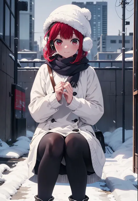 canary, Arima etc., long hair, bangs, (Red eyes:1.3), Redhead, smile,White Breath,blush,Earmuffs,Knitted hat,Purple Scarf,White long coat,V-neck sweater,Long skirt,Black Pantyhose,short boots,snow,snow,snow,snow,snowが積もっています,snowが降る,whole bodyがイラスト入るように,H...