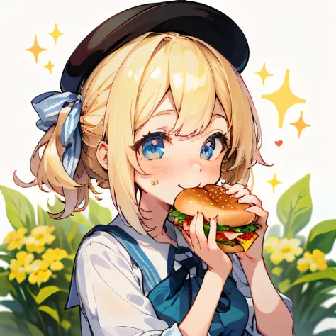 (highest quality,high resolution,very detailed),女の子がhamburgerを食べている, smile,girls school shirt,ribbon,blonde, blue eyes, hand to ...