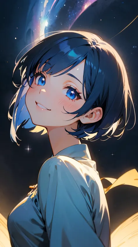 1 Girl、masterpiece、Highest quality、detailed、Dark blue hair、Short Bob Cut、Straight hair、blue eyes、beautiful、Dancer、Starry Sky、night、Anime-style paintings、Hard Edge、Soft Surface、smile、smile、Upper body close-up、From the side、Stage lighting、Spot lighting