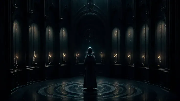 a room for rituals, star in circle on floor, candles, hooded people in jedi-type robes, dark moody lighting, occult ritual, dramatic shadows, mystical atmosphere, ornate details, intricate patterns, cinematic composition, dramatic chiaroscuro lighting, dar...