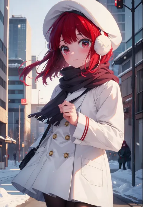 canary, Arima etc., long hair, bangs, (Red eyes:1.3), Redhead,  smile,White Breath,blush,Earmuffs,Knitted hat,Purple Scarf,White long coat,V-neck sweater,Long skirt,Black Pantyhose,short boots,snow,snow,snow,snow,snowが積もっています,snowが降る,whole bodyがイラスト入るように,W...