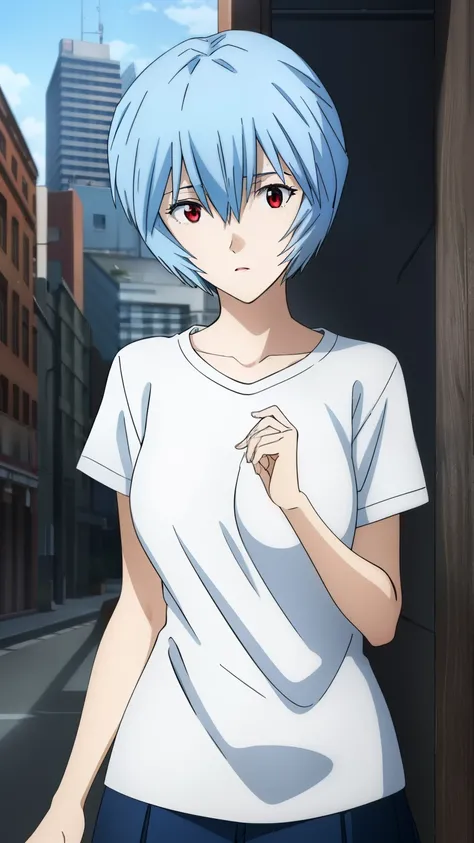 reiayanami, rei ayanami, (ayanami rei:1.2), blue hair, short hair, (red eyes:1.2), Medium breast,
BREAK (Innerwear, T-Shirts, earrings, miniskirt, city), 
BREAK (masterpiece:1.2), best quality, high resolution, unity 8k wallpaper, (illustration:0.8), (beau...