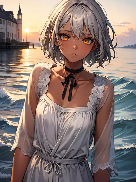 masterpiece, Highest quality, Perfect Face, Highest Resolution, Highest quality,Detailed depiction of the eyes, 1 girl, young, dark tan skin, slate gray hair, short hair, upturned eyes, Yellow Orange eyes, Perfect Anatomy, ribbon choker, Seaside house, 8k