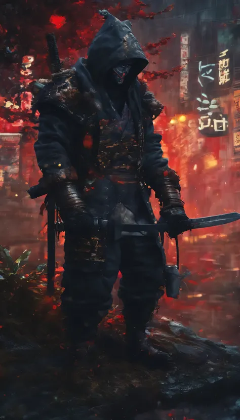 ninja shinobi cyberpunk cyborg robot .sitting on a tree branch.big thighs, at night, yasuke.Ninja wearing a hat. Cyborg shinobi. Red eyes, devil mask, rain. The dark night. Equipped with Sword at the back. Katana is in the back. Robots. Gear. screws. lamp....