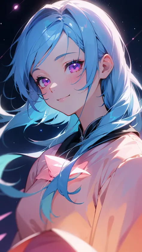 1 Girl、masterpiece、Highest quality、detailed、Light blue hair、Pink Eyes、beautiful、Starry Sky、night、Anime-style paintings、smile、smile、Upper body close-up、From the side、Stage lighting、Spot lighting