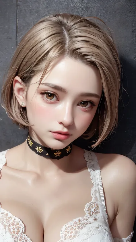 Masterpiece hyperrealist & Photorealistic beautiful girl, Realistic Skin (Pore-filled skin) Short Bob Cut Hair, Realistic red lips,Punk Girl, (head shot:1.5),Shorts