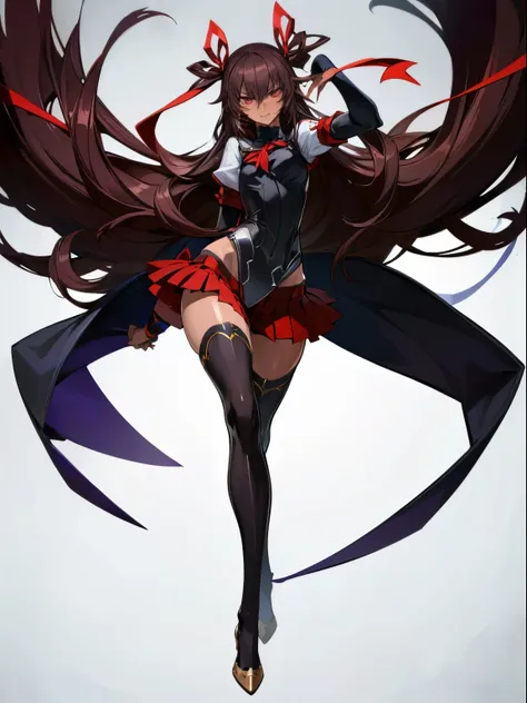 (Highest quality、masterpiece:1.2),  1 Female、 Yukikaze, (Dark-skinned woman) Slender woman、(Black high leg、Black knee-highs), Brown long hair、Red eyes、Red ribbon、Red Skirt、 ((Malicious look、Vulgar smile)) Mr.々A pose