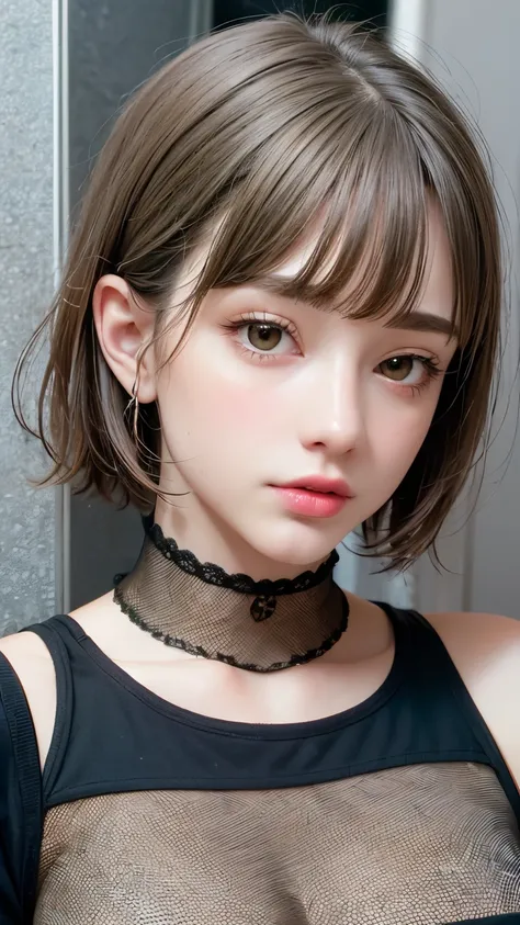 Masterpiece hyperrealist & Photorealistic beautiful girl, Realistic Skin (Pore-filled skin) Short Bob Cut Hair, Realistic red lips,Punk Girl, (head shot:1.5),Shorts