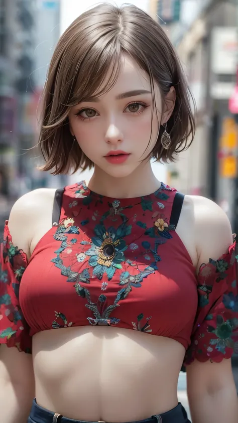 Masterpiece hyperrealist & Photorealistic beautiful girl, Realistic Skin (Pore-filled skin) Short Bob Cut Hair, Realistic red lips,Punk Girl, (head shot:1.5),Shorts