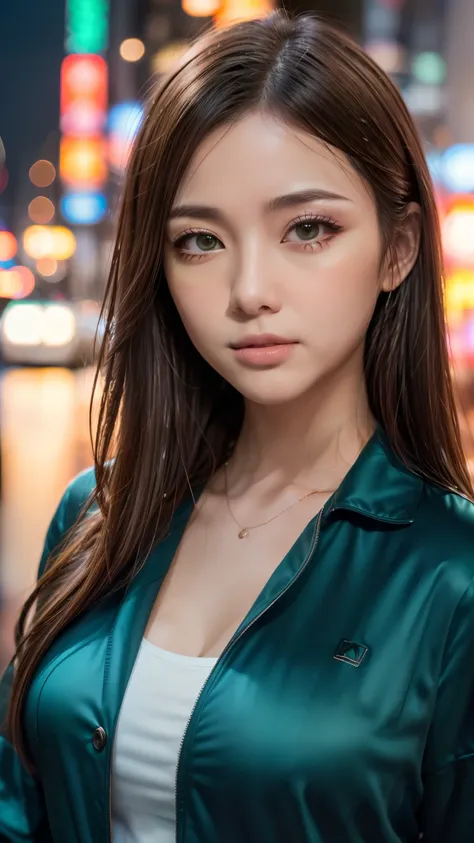 A woman standing on a crowded street in Tokyo, Traffic jam on a rainy night, masterpiece, RAW Photos, Written boundary depth, Bokeh, (Front light:1.2), (Backlight:0.75), (Subsidy Light:0.9), neon, chromatic aberration, (Lens flare:1.2), 8k, Genuine, green,...