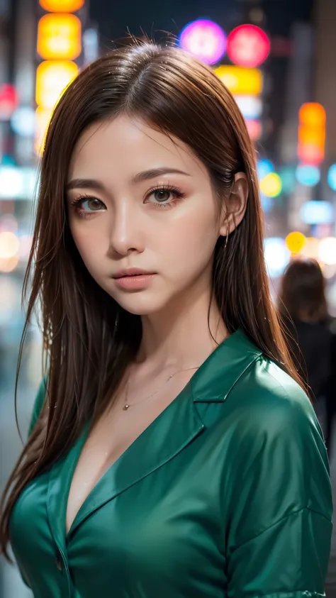 A woman standing on a crowded street in Tokyo, Traffic jam on a rainy night, masterpiece, RAW Photos, Written boundary depth, Bokeh, (Front light:1.2), (Backlight:0.75), (Subsidy Light:0.9), neon, chromatic aberration, (Lens flare:1.2), 8k, Genuine, green,...