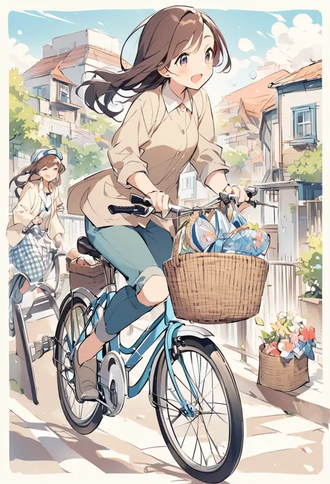 Leaning forward、Move forward left、girl、bend arms、ride a bicycle、Good posture、Mamachari、Bicycle with basket、Straight back、Bend your elbows、Riding a bike