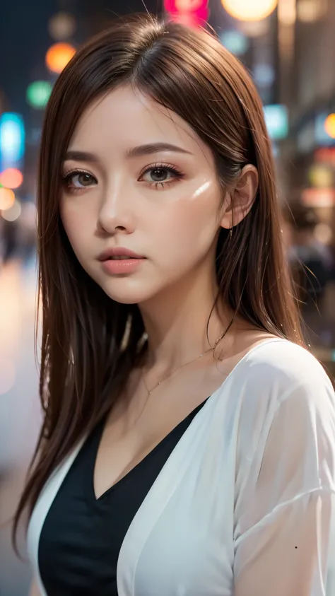 A woman standing on a crowded street in Tokyo, Traffic jam on a rainy night, masterpiece, RAW Photos, Written boundary depth, Bokeh, (Front light:1.2), (Backlight:0.75), (Subsidy Light:0.9), neon, chromatic aberration, (Lens flare:1.2), 8k, Genuine, (head ...