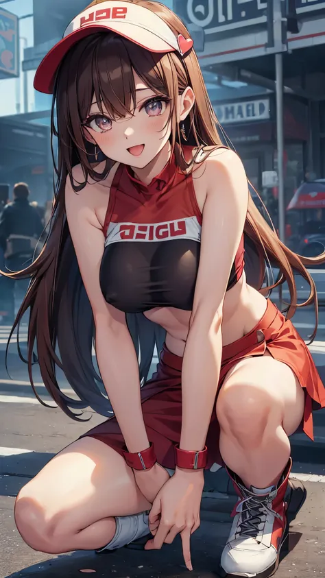 asusugo,slender, visor cap, heart, crop top, miniskirt,
wristband, boots, red footwear,brown hair,long hair,(huge breasts,underboob,midriff),erect nipples,smile,open mouth,white panty,panty shot,upskirt,(leaning forward ,hands on knees:1.3),masterpiece,Noi...