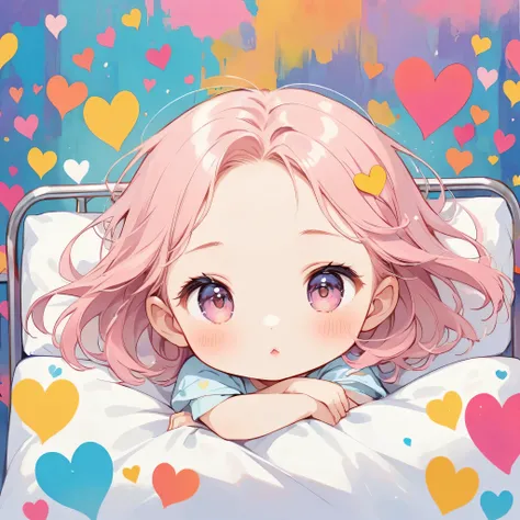 Hayao Miyazaki pastel color style, Simple Line Initialism，Abstract art，Urban Background, (((The most beautiful girl of all time))), chibi, Sweet face. Lips in love, colorful hearts, kawaii design, (((nap))), hospital bed