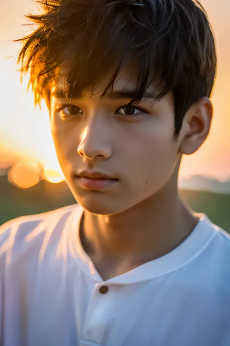 Highest quality, masterpiece, Ultra-high resolution, (Realistic: 1.4), Original photo, wallpaper, Head Photo, skin, Simple Background, Iris, detailed, Selfie, 1 boy, 18-year-old, good looking, Wind,Sunset