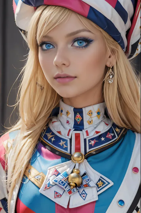 ((masterpiece, best quality, photorealism, RAW quality)), (BLONDE girl with a perfect face, blue eyes, sharp pupil), ((wearing a harlequin outfit composed of patches of different colors, tight to the body)), (add makeup with bright colors or black and whit...