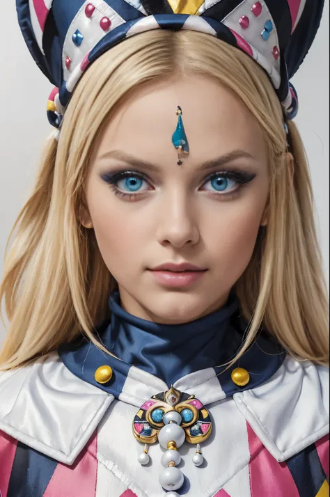 ((masterpiece, best quality, photorealism, RAW quality)), (BLONDE girl with a perfect face, blue eyes, sharp pupil), ((wearing a harlequin outfit composed of patches of different colors, tight to the body)), (add makeup with bright colors or black and whit...