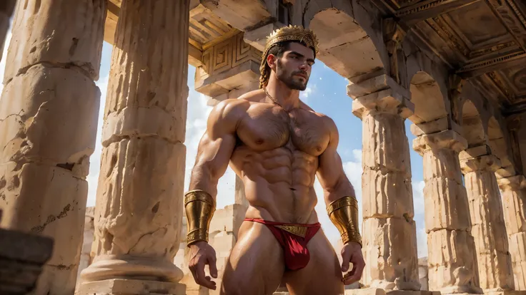 An ancient greek man, Chico, greek warrior, muscular, Graced, 18 year old Chico with powerful presence, greek headdress , ((wearing detailed greek tunics)), standing inside the greek temple, Intricate, elegant, Very detailed, masterpiece, extremely detaile...