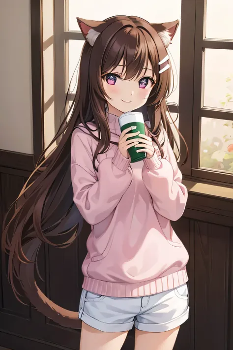 A young girl with an ornament that is cat ears and a cat tail and brown hair with cream skin brown hair with a little red and with a smile on her lips a pink sweater with white edges She is wearing shorts 