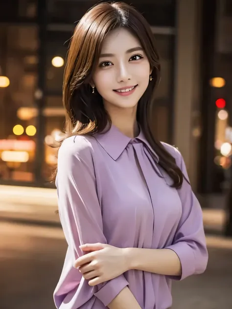 1girl in, (Wearing a purple blouse:1.2), (Raw photo, Best Quality), (Realistic, Photorealsitic:1.4), masterpiece, Extremely delicate and beautiful, Extremely detailed, 2k wallpaper, amazing, finely detail, the Extremely Detailed CG Unity 8K Wallpapers, Ult...