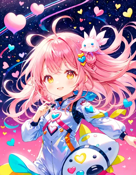 Momoko Sakura colorfull style, Simple Line Initialism,Abstract art,(((The most beautiful girl of all time))), (((chibi))), Sweet face. colorful hearts, dreamy design, (((happy dance))), Spacesuit, (((Cute Aliens))), The background is space