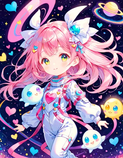 Momoko Sakura colorfull style, Simple Line Initialism,Abstract art,(((The most beautiful girl of all time))), (((chibi))), Sweet face. colorful hearts, dreamy design, (((happy dance))), Spacesuit, (((Cute Aliens))), The background is space