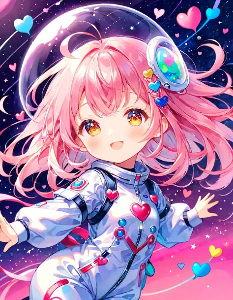 Momoko Sakura colorfull style, Simple Line Initialism,Abstract art,(((The most beautiful girl of all time))), (((chibi))), Sweet face. colorful hearts, dreamy design, (((happy dance))), Spacesuit, (((Cute Aliens))), The background is space