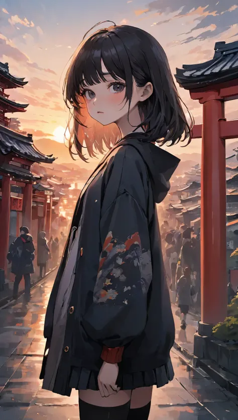 Highest quality:1.2、masterpiece、One Girl, The eyes and face are drawn in a totally insane way.、Detailed face and eyes、Detailed face、(Sunset sky), Stand and wave, Shrine on the hill, Red Torii Gate、Cityscape, scenery, School Cardigan, (Sleeves are longer th...