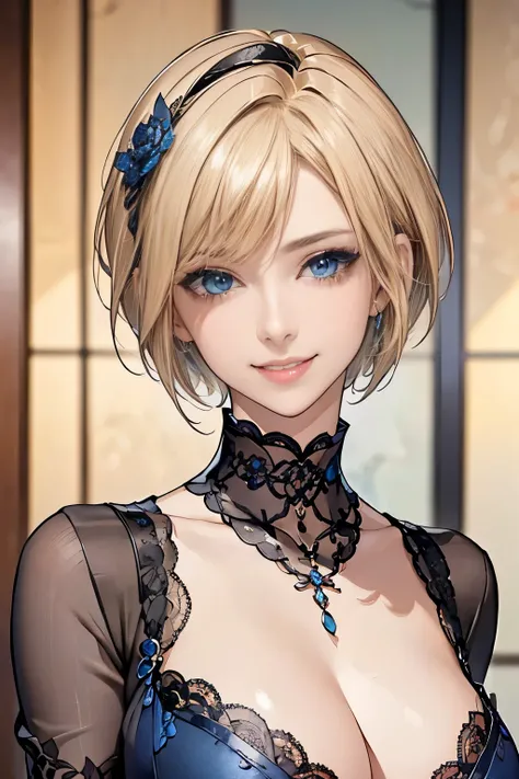 blonde short hair, blue eyes, tilt your head, exquisite black lace 3-piece bra、an elaborate black lace choker、shiny blue earring...