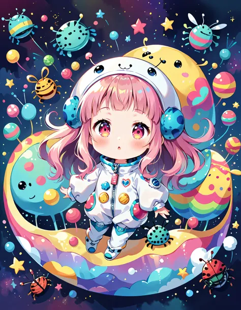 Momoko Sakura colorfull style, Simple Line Initialism，Abstract art, kawaii design, (((Dream World))), Spacesuit, (((Cute pillbug))), The background is space