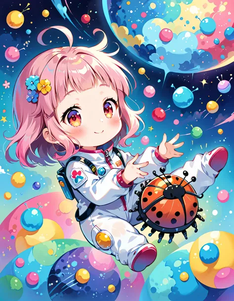 momoko sakura colorfull style, simple line initialism，abstract art, kawaii design, (((dream world))), spacesuit, (((cute pillbug...