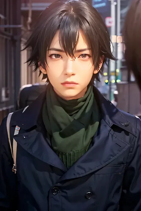 (realistic photography) hikigaya haciman, oregairu, male, black hair, black eyes, navy clothes, green syal, serious exprssion, c...