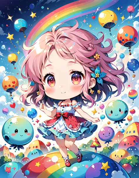 Momoko Sakura colorfull style, Simple Line Initialism，Abstract art, kawaii design, The most beautiful girl of all time, (((chibi))), (((Dream World))), Lovely summer clothes, (((Cute Aliens))), Playing with Aliens