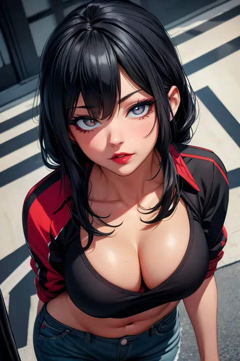 Adult Midnight (My Hero Academia), CG 8k ultra-realista, from above, beautiful woman, seductive eyes, make-up, red lips, casual clothes 