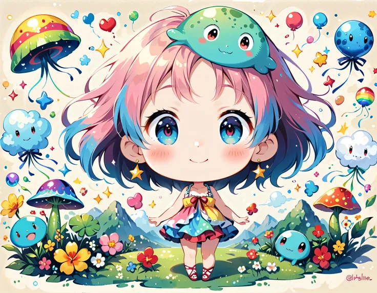 Hayao Miyazaki colorfull style, Simple Line Initialism，Abstract art, kawaii design, The most beautiful girl of all time, (((chibi))), (((Dream World))), Lovely summer clothes, (((Cute Aliens))), Playing with Aliens