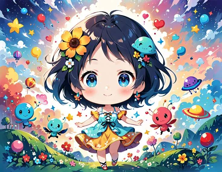 Hayao Miyazaki colorfull style, Simple Line Initialism，Abstract art, kawaii design, The most beautiful girl of all time, (((chibi))), (((Dream World))), Lovely summer clothes, (((Cute Aliens))), Playing with Aliens