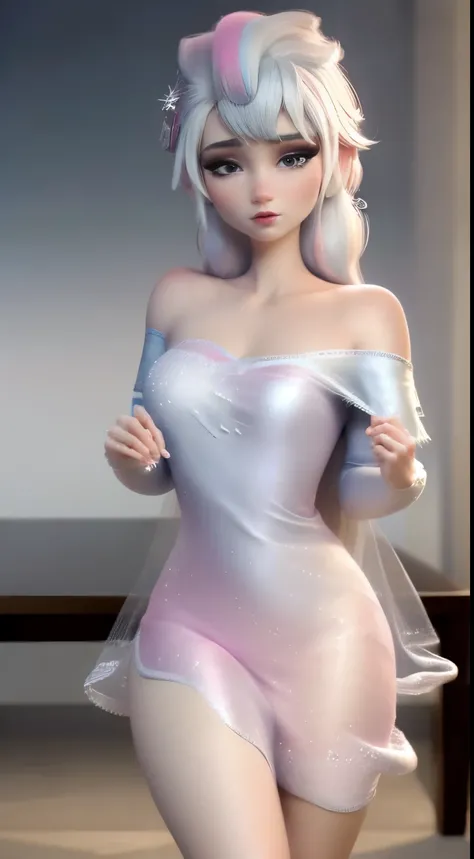 (Komi-san-elsa frozen Disney mezclando modelos .) (ultra fUSION of white and pink hair) Highly detailed CG unity 8k wallpaper, style shot, complex, High detail, dramatic, Highest quality film still image, Very detailed, masterpiece, Best Quality, charact...