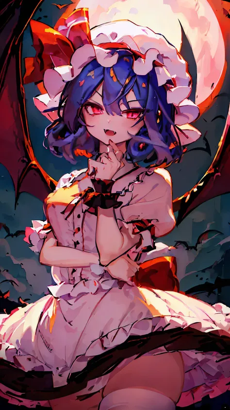 Anime Girl, Fine skin, (masterpiece, highest quality, 8K ultra-high resolution:1.4), beautiful detailed eyes, ultra-detailed,
((from above, Only the upper body and head can be seen, claw pose)),
remilia_scarlet_touhou, 
red_eyes, short_hair, blue_hair,  ha...