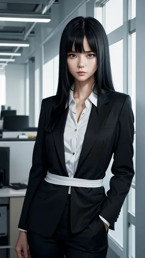 young woman,Very long straight black hair,blue eyes,Eyes are hidden by bangs,Black office suit,White shirt,Waist up shot,Sulky look