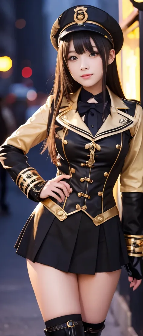 Cute and cool alchemy idol girl、whole body、Good style、、、、、、、、、、Thick legs、Gold and black steampunk uniform、Neat and clean idol face、City of Gold（Glowing）、Monocle